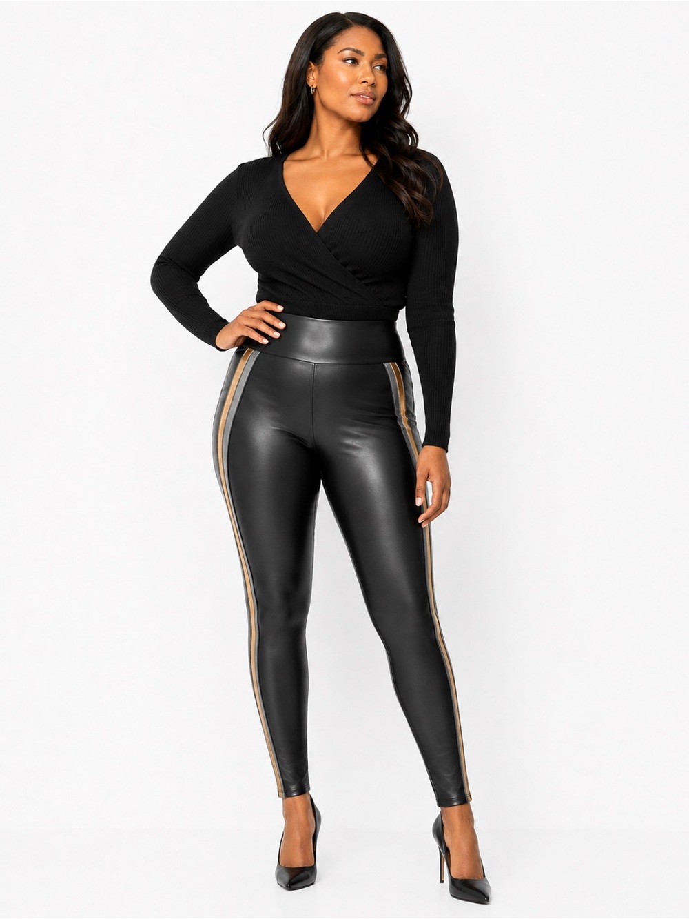 SPANX Faux Leather Leggings Large Black Metallic Gold Silver Stripe High Rise